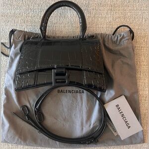 Balenciaga Hourglass Xs Handbag Crocodile Embossed in Black